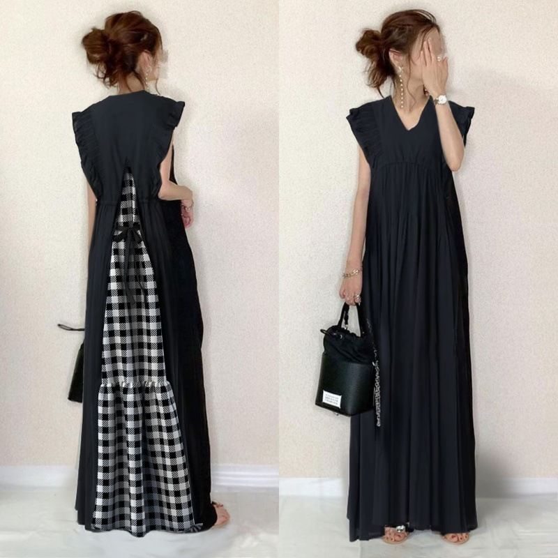 Rakuten - コ カジュアル 着痩せ きれいめ 春 ロング vネック aライン 秋服 黒ワンピース ノースリーブ マキシワンピース 黒 レディース 夏