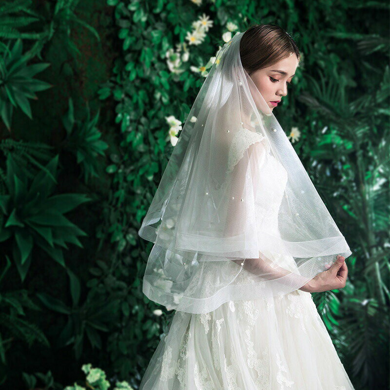 Rakuten - ブライダルベール ロマンチック 高級感 二重ベール ベールアップ フランス設計 セミロング 結婚式 ウエディングベール オフホワ