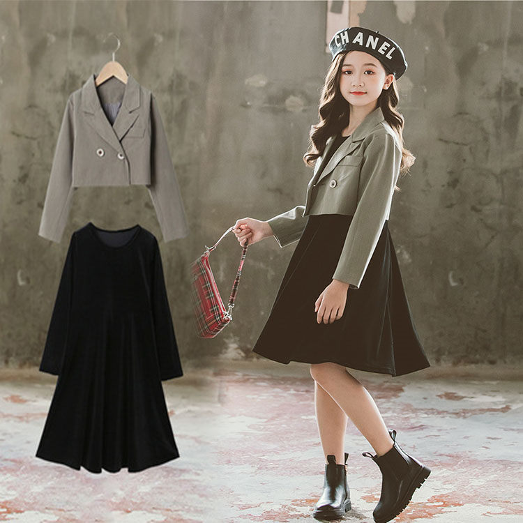 Rakuten - 二点セット 子供服 コート+ワンピース 長袖 おしゃれ 子供用 女の子 無地 春 秋 おしゃれ 長袖 お出かけ 通園 可愛い 女児 キ