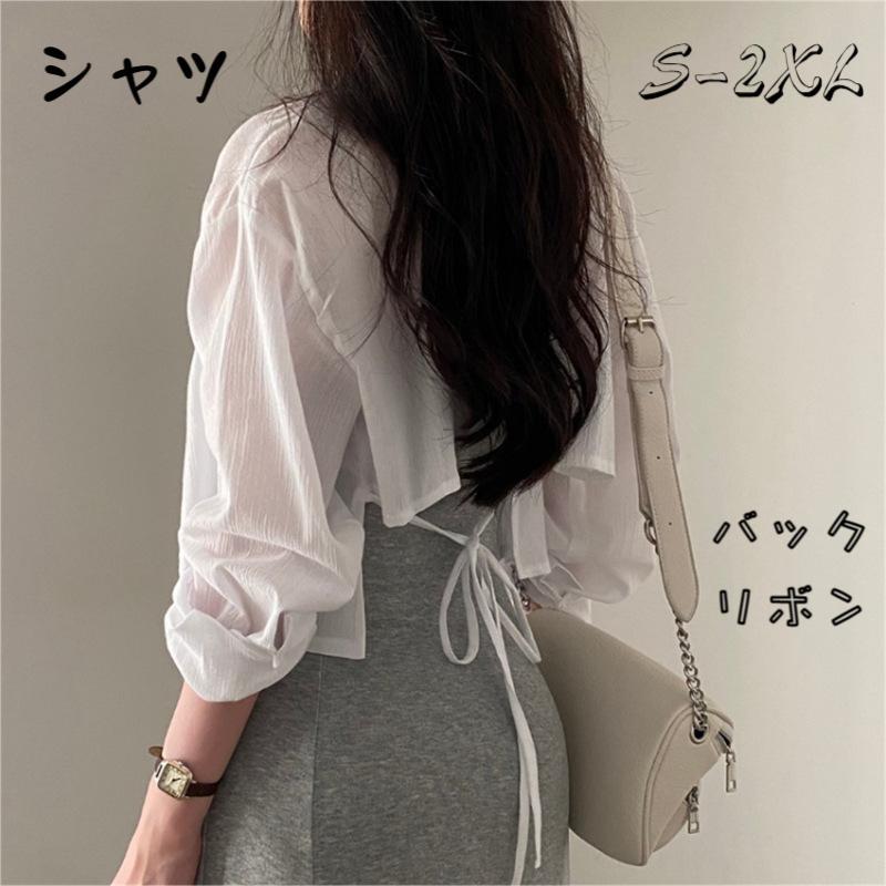 乐天商城 - THOM WILLS バックリボン ショート丈 シャツ 透け感 大きいサイズレディース トップス ブラウス シアーショート丈シャツ ショートシャツ シアーシャツ 長袖シャツ 長袖 シアー 短い 春服 夏服 着痩せ 体型カバー 着回し 大人 美人 可愛い