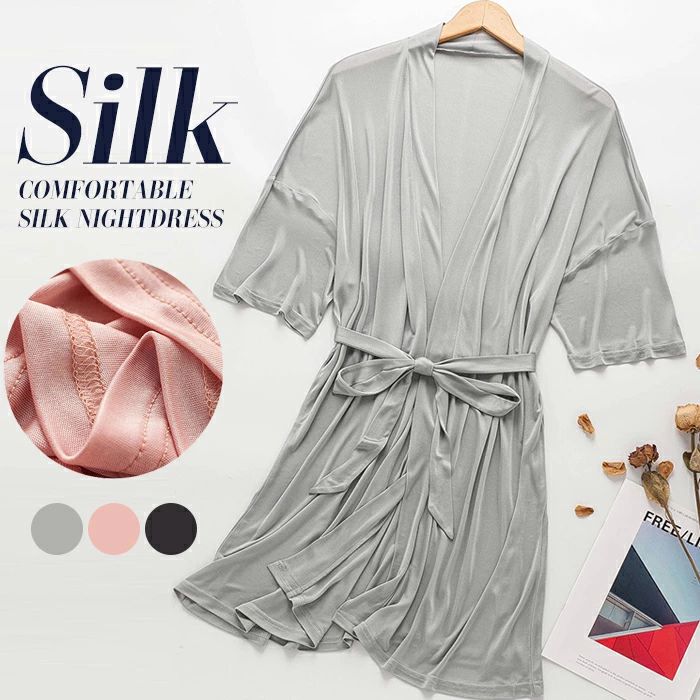 シルク ガウン レディース パジャマ ナイトウェア バスローブ Vネック ベルト付き セクシー 前開き ワンピース 薄手 ひざ丈 ゆったり 無地 半袖 フィットシルク 絹糸 ガウン ルームウェア 薄手 寝巻き 柔らかい 軽い 敏感肌 部屋着 汗取り 速乾 温活