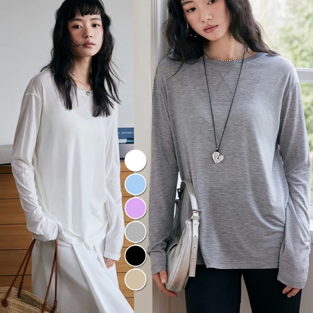 乐天商城 - 長袖tシャツ レディース カジュアル クルーネック 薄手 インナー 透け感 オシャレ シンプル ティーシャツ レイヤード 重ね着 Tシャツ 体型カバー 通気性 吸汗速乾 ワンポイント カットソー 肌着 トップス レディースファッション