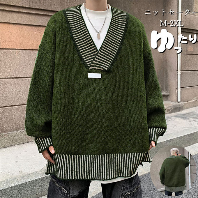 V-Neck - 大きいサイズ おしゃれ ビッグシル セーター カジュアル 冬 ニットセーター 秋 vネック メンズファッション メンズ 春 ニット