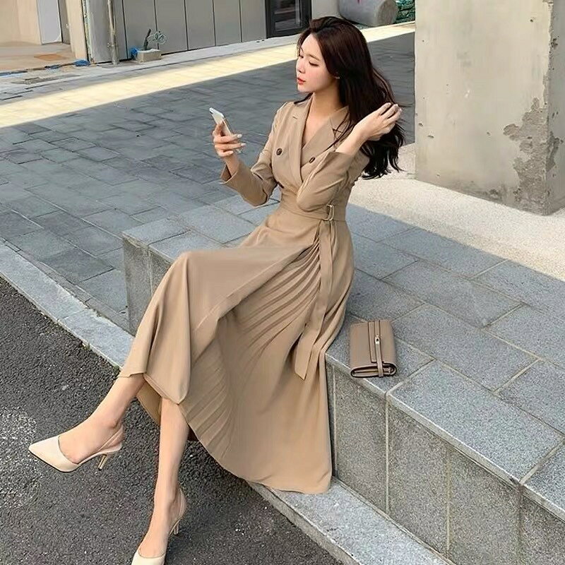 乐天商城 - 送料無料 全3色 韓国風ワンピース トレンチ風ワンピース ベージュ ワイン赤 ブラック Aラインワンピース ロングワンピース プリ