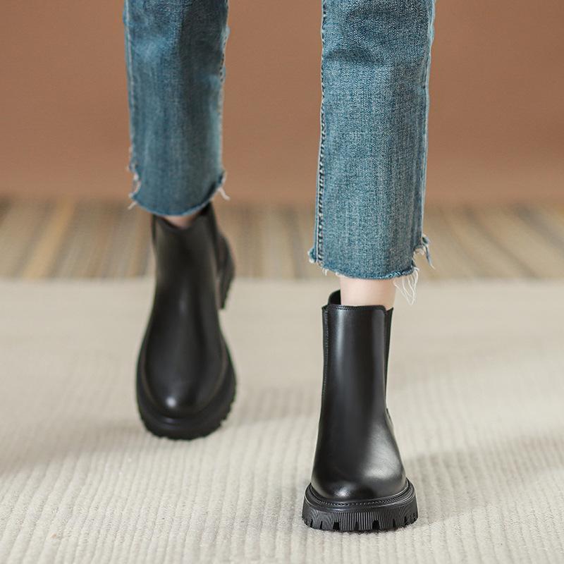 Thick Sole - イングランド風 ショートブーツ 身長アップ レディース チェルシーブーツ 厚底 ラウンドトゥショートブー 本革 サイドゴアブーツ