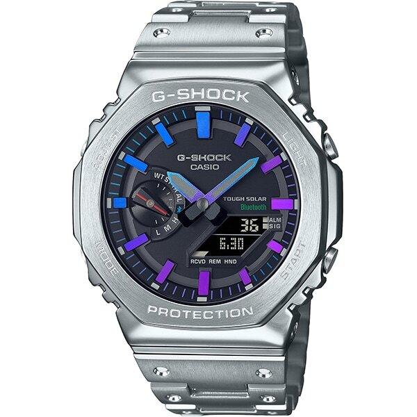 楽天サンワワールド楽天市場店【G-SHOCK】カシオ フルメタル シルバー アナデジ モバイルリンク 腕時計 メンズ タフソーラー GM-B2100PC-1AJF　レインボーカラーマスターピースデザイン【新品】