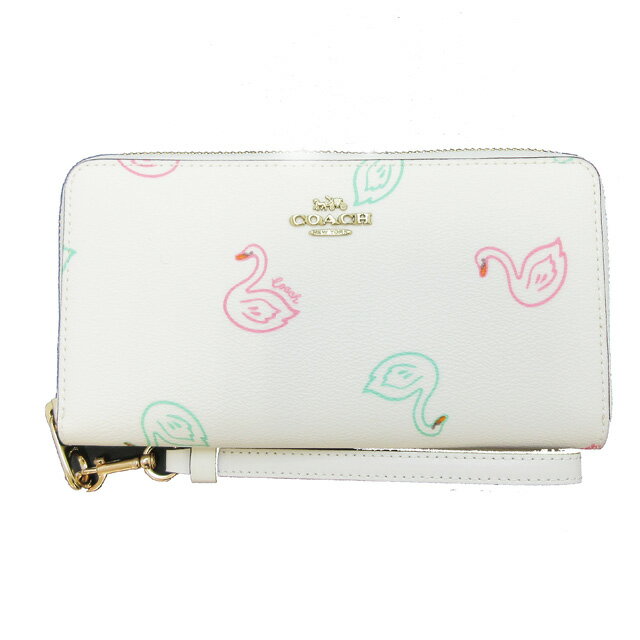 コーチ COACH レディース ラウンドファスナー ストラップ 長財布 アウトレット ★C8384 IMCAH CHALK MULTI アイボリー系 白 スワン柄　白鳥 マルチ【新品】