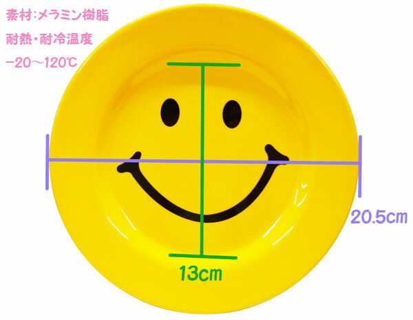 SMILE MELAMINE PLATE 6枚セット（サイズ：約20.5cm（内側：約13cm)）【 お皿 食器 スマイル 黄色 まとめ買い キッチン ランチ ニコちゃん 笑顔 】