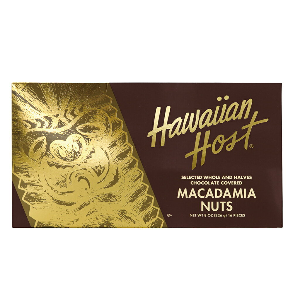 世界で初めてマカデミアナッツチョコを作った〈ハワイアンホースト〉。 ミルクチョコの中にマカデミアナッツが2粒入った定番の人気商品です。 ●内容量：226g（16粒） ●1箱のパッケージサイズ：15.5×27.5×2.5cm ●メーカー／ブランド：ハワイアンホースト（Hawaiian Host） ●アメリカ産 ※製造上の都合および輸入時期により、商品デザインや内容が若干変更される場合があります。 《ハワイアンホースト Hawaiian Host》世界で初めてマカデミアナッツチョコレートを作った老舗ブランド。 1927年の創業以来、秘伝のレシピで作られるマカデミアナッツチョコレートは、「Hawaii's Gift to the World（ハワイからの贈り物）」として、世界中から訪れる観光客の人気を集めています。