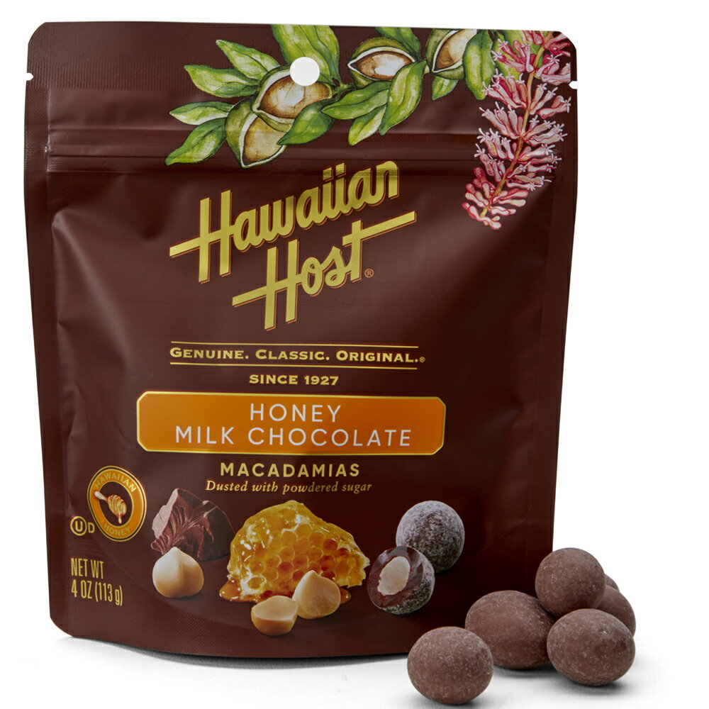 ハワイアンハニーに漬けたマカデミアナッツをミルクチョコで包み、シュガーパウダーで仕上げています。上品な甘さとキャンディのような食感が人気です。 ●内容量:113g●1袋サイズ:17×15×3.5cm●メーカー／ブランド：ハワイアンホースト(Hawaiian Host)●アメリカ産 ※製造上の都合および輸入時期により、商品デザインや内容が若干変更される場合があります。 《ハワイアンホースト Hawaiian Host》 世界で初めてマカデミアナッツチョコレートを作った老舗ブランド。 1927年の創業以来、秘伝のレシピで作られるマカデミアナッツチョコレートは、「Hawaii's Gift to the World（ハワイからの贈り物）」として、世界中から訪れる観光客の人気を集めています。