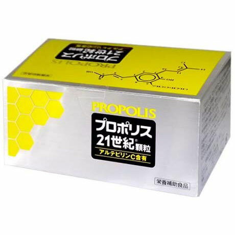 飲みやすさにこだわり、水に溶ける顆粒タイプに仕上げました。 有効物質のアルテピリンCはブラジル産プロポリスの起源植物に含まれるポリフェノールの1種で桂皮誘導体です。日本国内では、カワラヨモギ科の植物が類似成分を含有しています。 プロポリスは、みつばちの巣を守っているといわれています。 季節の変わり目など健康サポートに。 お召し上がり方1日1包〜2包を目安にそのまま水等といっしょにお召し上がりください。 食生活は、主食、主菜、副菜を基本に、食事のバランスを。 商品名 プロポリス21世紀 名称 プロポリスエキス含有食品 原材料名 ぶどう糖、麦芽糖、プロポリス抽出物、ビタミンC、酸味料、ブドウ種子抽出物、香料、甘味料(ステビア) 内容量 45g(1.5gx30包) 栄養成分表示 (1.5gx1包)あたり エネルギー 5.9kcal タンパク質 0g 脂質 0g 炭水化物 1.5g ナトリウム 5.3mg プロポリスパウダー 330mg 保存方法 直射日光を避け、湿気の少ない冷暗所に保存してください。 ご注意 妊娠中、授乳中の方は、摂取をお避けください。 生産国 日本 販売者名 大成栄養薬品株式会社 TET 技術協力 協和発酵バイオ株式会社 広告文責 三洋薬品HBC株式会社0120-901-130