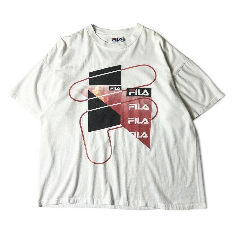 90s USA製 FILA 両面 ロゴ プリント 半袖 Tシャツ XL / 90年代 フィラ オールド ホワイト 白 シングル 古着 アメリカ古着 USED ユーズド 中古 VINTAGE US古着 アメカジ