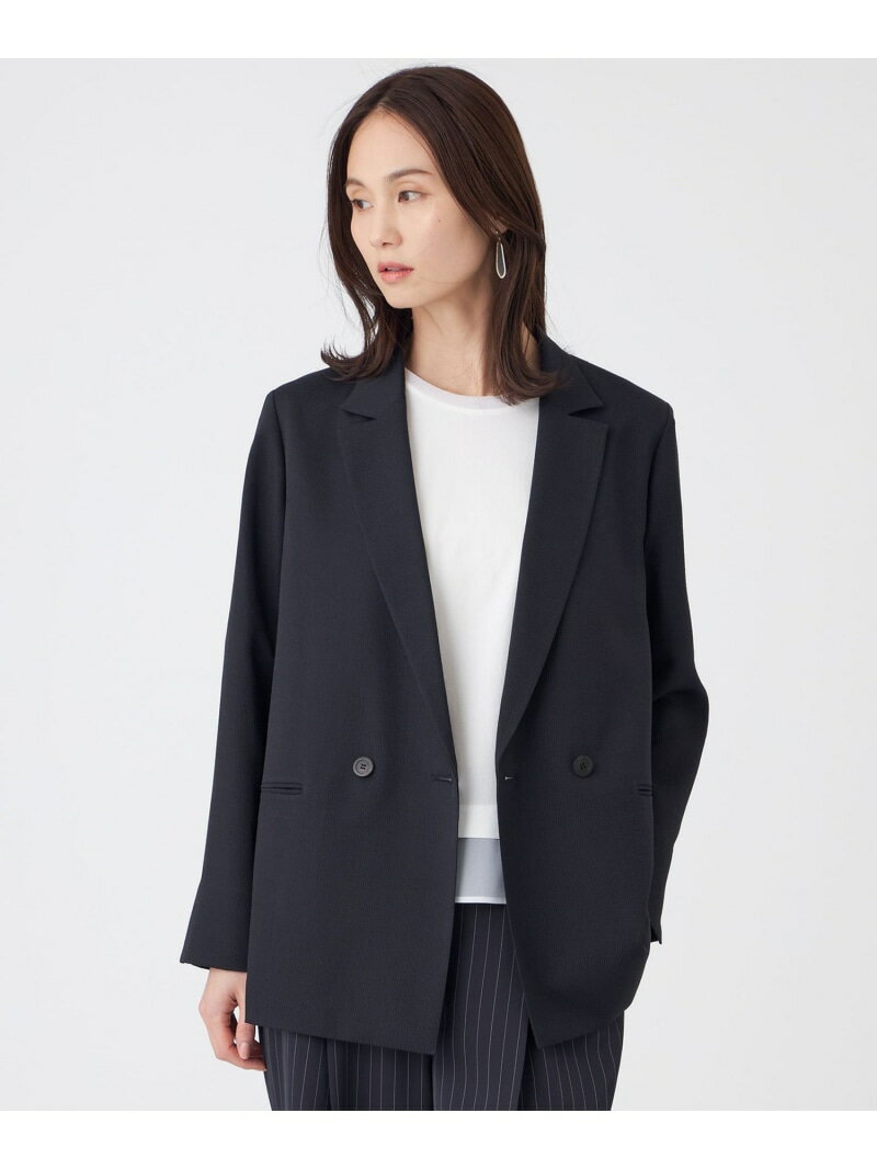 No Collar Jacket - 【UV対策・着用しわ軽減・ウォッシャブル】エアリーコードレーンテーラードジャケット TRANS WORK トランスワーク ジャケット・アウター ノーカラージャケット ブルー ネイビー【送料無料】[Rakuten Fashion]