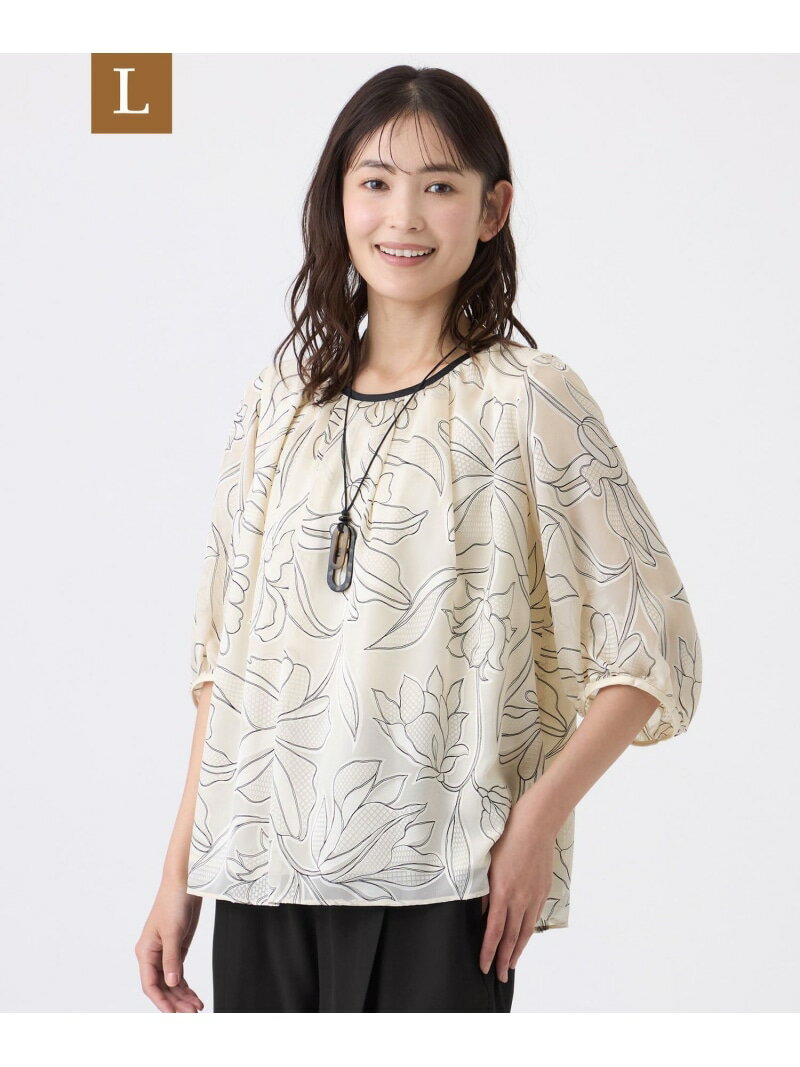 Rakuten - 【L】【ウォッシャブル】オパールボタニカルプリントブラウス TRANS WORK サンヨー エルサイズ トップス シャツ・ブラウス ホワイト ネイビー【送料無料】[Rakuten Fashion]