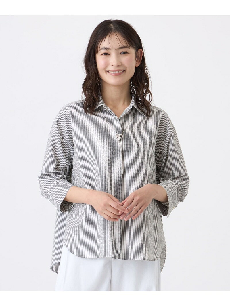 Rakuten - 【ウォッシャブル・吸水速乾・防しわ】サッカーブラウス TRANS WORK トランスワーク トップス シャツ・ブラウス グレー ブラック【送料無料】[Rakuten Fashion]