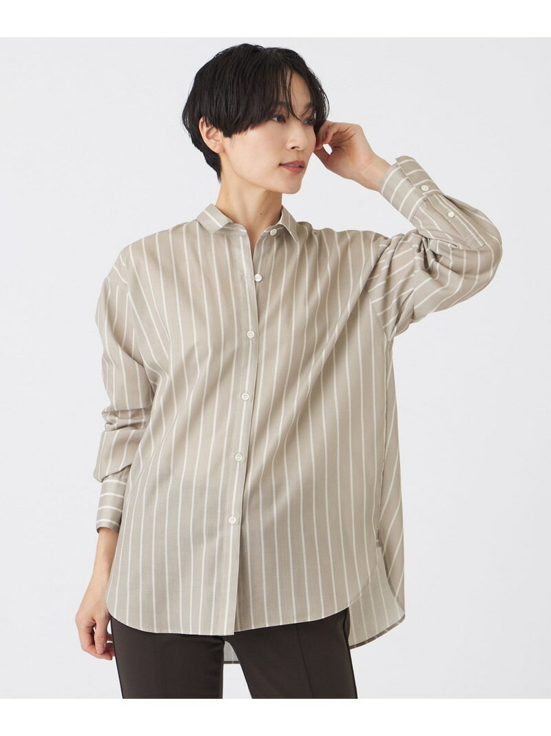 【L】【マシンウォッシャブル】コットンライクストライプシャツ EVEX by KRIZIA サンヨー エルサイズ トップス シャツ・ブラウス ネイビー ベージュ【送料無料】[Rakuten Fashion]