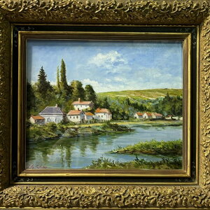 絵画 油絵 ロワール川畔 F8 日下部寛 直筆 8号 額装 額入り フレーム 油彩画 風景画 ヨーロッパ アート 洋画 装飾 壁掛け インテリア リビング 玄関 ホテル 旅館