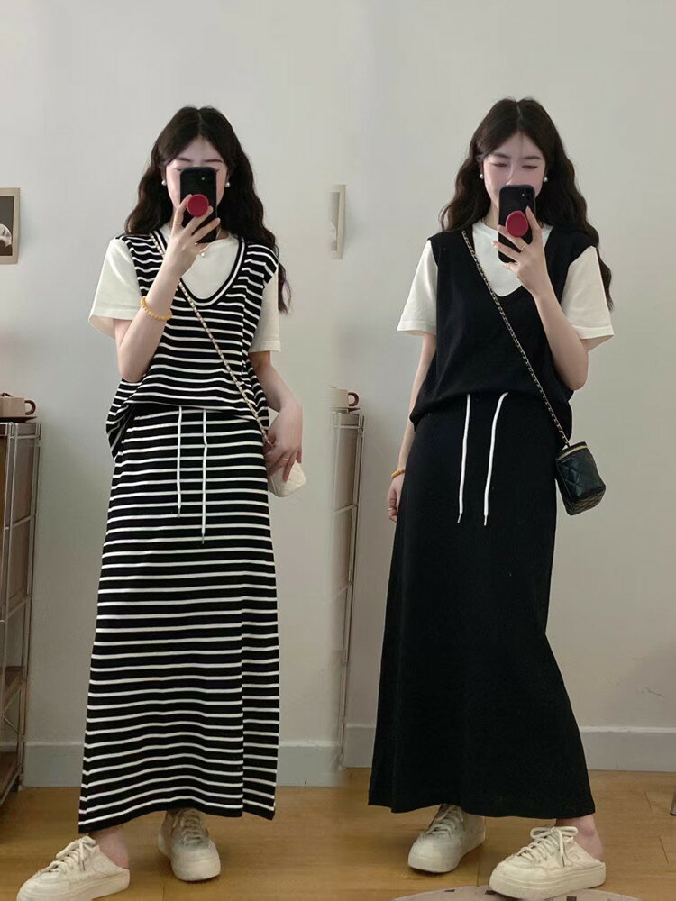 レディース 見せかけの2点セット パッチワーク スカートセット ファッション 若見え Tシャツ トップス スカート(4)