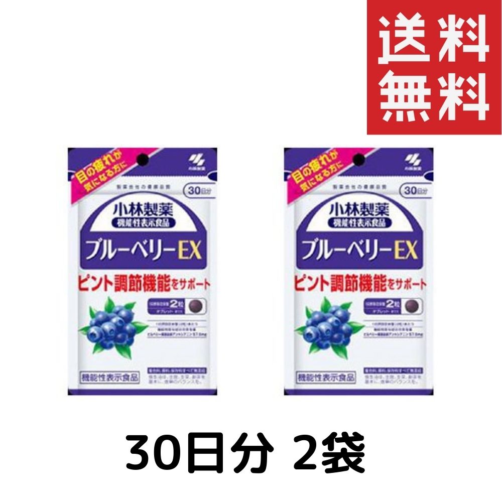 【小林製薬の機能性表示食品 ブルーベリーEX 30日分の商品詳細】 ●着色料、香料、保存料すべて無添加 【保健機能食品表示】 届出表示：本品にはビルベリー果実由来アントシアニンが含まれます。ビルベリー果実由来アントシアニンには、VDT作業(パソコンやスマートフォンなどのモニター作業)の目の疲れによるピント調節機能の低下を緩和することが報告されています。 【1日あたりの摂取目安量】 2粒 【召し上がり方】 1日2粒を目安に、かまずに水またはお湯とともにお召し上がりください。 【品名・名称】 ビルベリー果実エキス配合食品