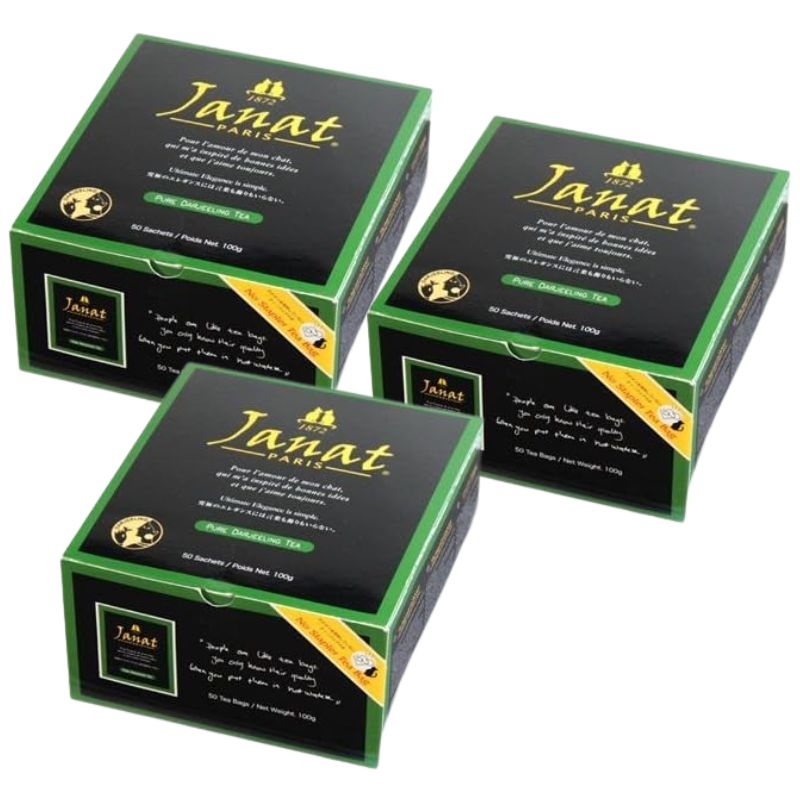 ダージリン茶葉100%使用のJANAT（ジャンナッツ）のダージリンティーバッグです。茶葉のフレッシュな状態をより長く保てるアルミ個包装タイプ。ホチキス止めもしていません。ミルクにもレモンにもよくあうクセのない味わいです。ダージリンならではのあっさりとした味わいで、食事にによく合います。