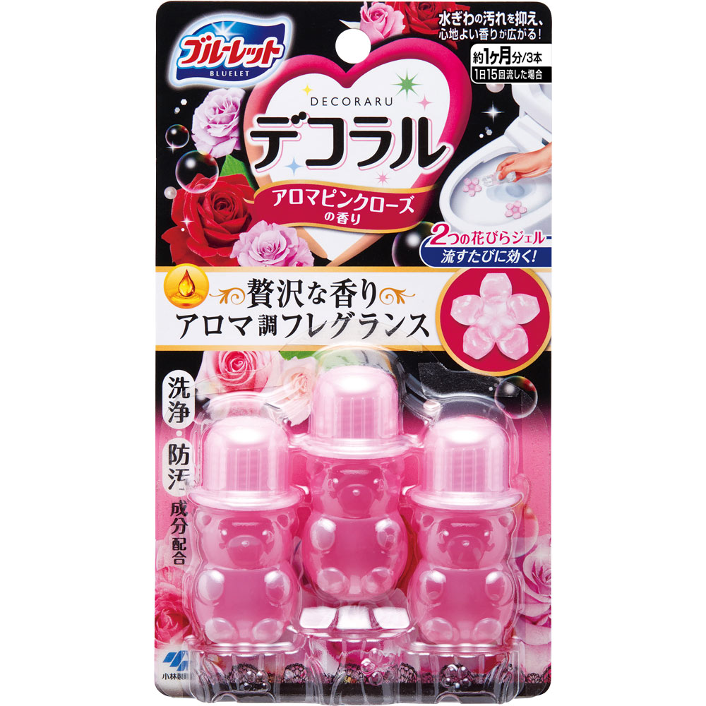 製品の特徴 ●便器表面に花びらジェルをデコって(貼り付けて)おくだけで、水ぎわのきれい！ ●洗浄成分の働きでしっかり洗浄！ ●汚れ付着防止成分の効果できれいを長持ち ●1本の容器で花びらジェルを2箇所貼り付けて約10日間使用可能 ●アロマピンクローズの香りが心地よく広がります！ ●流れる水は無色です。 ※パッケージデザイン等が予告なく変更される場合もあります。 ※商品廃番・メーカー欠品など諸事情によりお届けできない場合がございます。 販売元：小林製薬株式会社 所在地：〒567-0057 大阪府茨木市豊川1-30-3 ・医薬品に関するお問い合わせ先 電話：0120-5884-01 ・健康食品、サプリメントに関するお問い合わせ先 電話：0120-5884-02 ・歯とお口のケアに関するお問い合わせ先 電話：0120-5884-05 ・衛生雑貨用品、スキンケアに関するお問い合わせ先 電話：0120-5884-06 ・芳香・消臭剤、水洗トイレのお掃除用品に関するお問い合わせ先 電話：0120-5884-07 ・台所のお掃除用品、日用雑貨・脱臭剤に関するお問い合わせ先 電話：0120-5884-08 ・桐灰カイロ、温熱製品に関するお問い合わせ先 電話：0120-5884-35 受付時間／平日10:00〜17:00 （土日祝除く） 広告文責：有限会社シンエイ 電話：077-544-5855