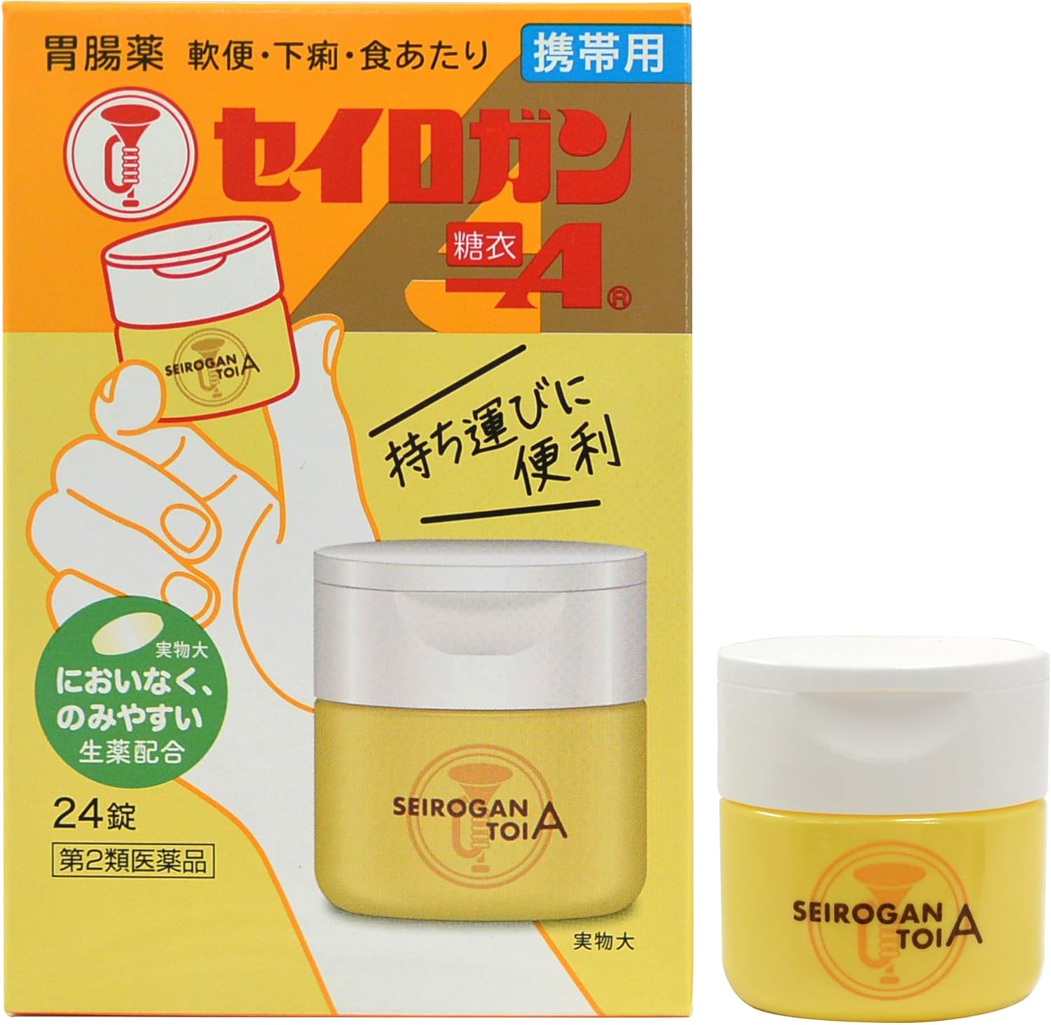 製品の特徴 胃腸薬　セイロガン糖衣Aは、100年以上前から使用されている正露丸の姉妹品で、ご家庭にて服用されている常備薬です。 生薬である主成分の日本薬局方（日局）　木(もく)クレオソートは腸の運動を止めることなく、腸内の水分バランスを調整し、おなかを正常な状態に戻します。 特に食あたり、水あたり、消化不良といった食べ物、飲み物が原因で起こる軟便、下痢、およびストレス、かぜなどの原因で起こる軟便、下痢にすぐれた効き目を発揮します。 本剤は日局　木(もく)クレオソートをはじめ、ゲンノショウコ末およびオウバク乾燥エキスなどの生薬を配合した、においがなく飲みやすい白い錠剤です。 使用上の注意 ■してはいけないこと 〔守らないと現在の症状が悪化したり、副作用・事故が起こりやすくなります〕 1.次の方は服用しないでください。 (1)今までに本剤又は本剤の成分によるアレルギー症状（発疹・発赤、かゆみ、むくみなど）を起こしたことがある方 (2)透析療法を受けている方 2．長期連用はしないでください。 ■相談すること 1.次の方は本剤を服用する前に医師、薬剤師又は登録販売者に相談してください。 (1)医師の治療を受けている方 (2)発熱を伴う下痢のある方、血便のある方又は粘液便の続く方 (3)妊婦、妊娠していると思われる方又は授乳中の方 (4)高齢者 (5)薬や化粧品などによるアレルギー症状を起こしたことがある方 (6) 肝臓や腎臓に疾患のある方 2.服用後、次の症状があらわれた場合は副作用の可能性があるので、直ちに服用を中止し、この添付文書（説明文書）を持って医師、薬剤師又は登録販売者に相談してください。 関係部位：症状 皮膚：発疹・発赤、かゆみ、むくみ 消化器：吐き気・嘔吐、便秘、食欲不振、胃部不快感 精神神経系：めまい、頭痛 3.数日間（目安として5〜6日間）使用しても、症状がよくならない場合は服用を中止し、この添付文書（説明文書）を持って医師、薬剤師又は登録販売者に相談してください。 効能・効果 軟便、下痢、食あたり、水あたり、はき下し、くだり腹、消化不良による下痢 用法・用量 次の量を食後（なるべく30分以内）に必ず水またはお湯といっしょに服用してください。 ［年令：1回量：1日服用回数］ 成人（15才以上）：4錠：3回 11才以上15才未満：3錠：3回 5才以上11才未満：2錠：3回 5才未満：服用しないでください 用法関連注意 （1）定められた用法・用量を必ず守ってください。 （2）5才以上の小児に服用させる場合には、服用量のまちがいや薬剤がのどにつかえることがないよう、保護者の指導監督のもとに服用させてください。 成分分量 12錠中 成分 分量 日局 木クレオソート 270mg 日局 ゲンノショウコ末 300mg オウバク乾燥エキス 300mg 添加物 メタケイ酸アルミン酸マグネシウム、ケイ酸アルミニウム、メチルセルロース、ヒドロキシプロピルセルロース、カルメロースカルシウム(CMC-Ca)、ステアリン酸マグネシウム、白糖、アラビアゴム、ゼラチン、タルク、炭酸カルシウム、酸化チタン、カルメロースナトリウム(CMC-Na)、マクロゴール、カルナウバロウ、サラシミツロウ 保管及び取扱い上の注意 1．小児の手の届かない所に保管してください。 2．誤用をさけ、品質を保持するため、他の容器には入れかえないでください。 3．直射日光をさけ、涼しい所に密栓して保管してください。 4．使用期限の過ぎたものは、服用しないでください。 消費者相談窓口 会社名：大幸薬品株式会社 問い合わせ先：お客様相談係 電話：（0570）783-818 受付時間：午前9時〜午後5時（土、日、祝日を除く） 製造販売会社 会社名：大幸薬品株式会社 住所：〒564-0032　大阪府吹田市内本町3丁目34番14号 販売会社 大幸薬品（株） リスク区分 第2類医薬品 広告文責：有限会社シンエイ 電話：077-544-5855