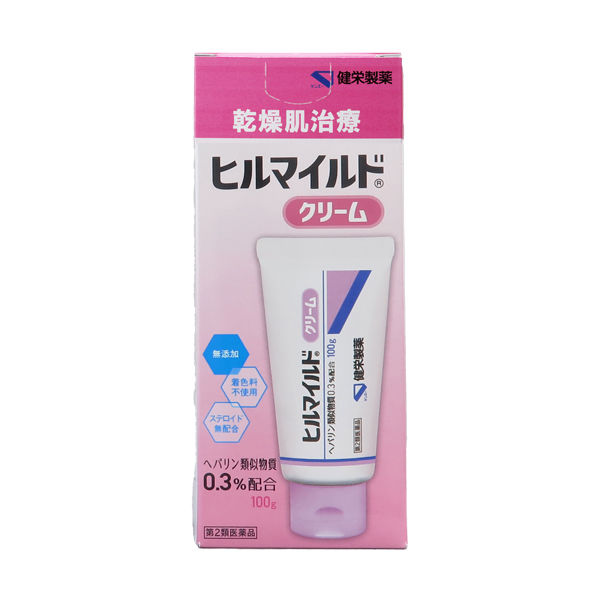 製品の特徴 ■しっとり潤うクリームタイプ ヘパリン類似物質配合 顔や手足の乾燥肌治療に ●使いやすいワンタッチキャップ採用 ●ステロイド無配合 ●無着色 使用上の注意 ■してはいけないこと （守らないと現在の症状が悪化したり，副作用が起こりやすくなります） 1．次の人は使用しないでください 　（1）出血性血液疾患（血友病，血小板減少症，紫斑病等）の人。 　（2）わずかな出血でも重大な結果をきたすことが予想される人。（血液凝固抑制作用を有し出血を助長するおそれがあります。） 2．次の部位には使用しないでください 　目や目の周囲，粘膜（口腔，鼻腔，膣等）。 ■相談すること 1．次の人は使用前に医師，薬剤師又は登録販売者に相談してください 　（1）医師の治療を受けている人。 　（2）薬などによりアレルギー症状を起こしたことがある人。 　（3）湿潤やただれのひどい人。 2．使用後，次の症状があらわれた場合は副作用の可能性があるので，直ちに使用を中止し，この外箱を持って医師，薬剤師又は登録販売者に相談してください ［関係部位：症状］ 皮ふ：発疹・発赤，かゆみ，はれ，紫斑 3．5〜6日間使用しても症状がよくならない場合は使用を中止し，この外箱を持って医師，薬剤師又は登録販売者に相談してください 効能・効果 手指のあれ，ひじ・ひざ・かかと・くるぶしの角化症，手足のひび・あかぎれ，乾皮症，小児の乾燥性皮膚，しもやけ（ただれを除く），きず・火傷のあとの皮膚のしこり・つっぱり（顔面を除く），打身・捻挫後のはれ・筋肉痛・関節痛 用法・用量 1日1〜数回，適量を患部にすりこむか，又はガーゼ等にのばして貼ってください。 用法関連注意 （1）用法用量を厳守してください。 （2）小児に使用させる場合には，保護者の指導監督のもとに使用させてください。 （3）目に入らないように注意してください。 万一，目に入った場合には，すぐに水又はぬるま湯で洗ってください。 なお，症状が重い場合には，眼科医の診療を受けてください。 （4）外用にのみ使用してください。 成分分量 100g中 成分 分量 ヘパリン類似物質 0.3g 添加物 サラシミツロウ，パラフィン，マイクロクリスタリンワックス，白色ワセリン，エデト酸ナトリウム水和物，ジブチルヒドロキシトルエン，グリセリン，軽質流動パラフィン，スクワラン，グリセリン脂肪酸エステル，ポリオキシエチレンセチルエーテル，パラオキシ安息香酸プロピル，パラオキシ安息香酸メチル 保管及び取扱い上の注意 （1）直射日光の当たらない涼しい所に密栓して保管してください。 （2）小児の手の届かない所に保管してください。 （3）他の容器に入れ替えないでください。 （誤用の原因になったり品質が変わることがあります。） （4）使用期限を過ぎた製品は使用しないでください。 消費者相談窓口 会社名：健栄製薬（株） 電話：（06）6231-5822 受付時間：9：00〜17：00（土，日，祝日を除く） 製造販売会社 会社名：健栄製薬株式会社 住所：大阪市中央区伏見町2丁目5番8号 リスク区分 第2類医薬品 広告文責：有限会社シンエイ 電話：077-544-5855