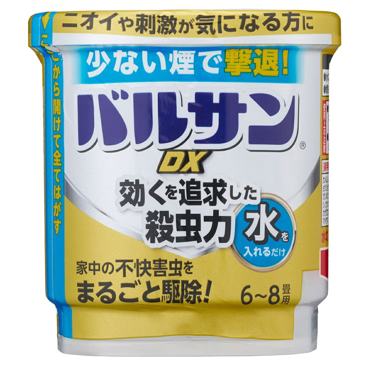 製品の特徴 ●殺虫くん煙剤のパイオニアとして70年。信頼と実績のバルサンブランドから出た、効くを追求した殺虫力のくん煙剤、「バルサンDX」です。 ●バルサン独自の強力な噴射力で、お部屋のスミズミまで煙が届き、隠れた不快害虫に効きます。 ●お部屋に発生・侵入する、幅広い種類の不快害虫を、効きめのバルサンが駆除します。 ●効くを追求した殺虫力で、従来品と比べて適用害虫も増えております。 ●殺虫成分が家具の裏などスミズミまで行き渡り、殺虫効果を発揮します。 ●火を使わず、水につけるだけの簡単スタートです。 ●ニオイ残りが少ないタイプです。 ●火災報知器/火災警報器が作動しないようにするカバーが付属しています。 ●用法・用量を守ってご使用いただければ、小さなお子様やペットがいるご家庭でもご使用いただけます。 ●十分な効果を発揮した後、30分の換気で成分がほとんどゼロになり、微量に残った成分も光などで分解してなくなります。 ●内容量:20g。6~8畳(10~13平方メートル)に1個を目安としてお使いください。 ●複数の部屋がある場合は、各部屋同時に「バルサンくん煙」を行うことをおすすめ致します。 ※パッケージデザイン等が予告なく変更される場合もあります。 ※商品廃番・メーカー欠品など諸事情によりお届けできない場合がございます。 販売元：レック株式会社 所在地：〒104-0031　東京都中央区京橋2-1-3　京橋トラストタワー8F 商品に関するお問い合わせ先 お客様　コールセンター 電話：03-3527-2650 受付時間／平日9:00〜16:00 （土日祝除く） 広告文責：有限会社シンエイ 電話：077-544-5855