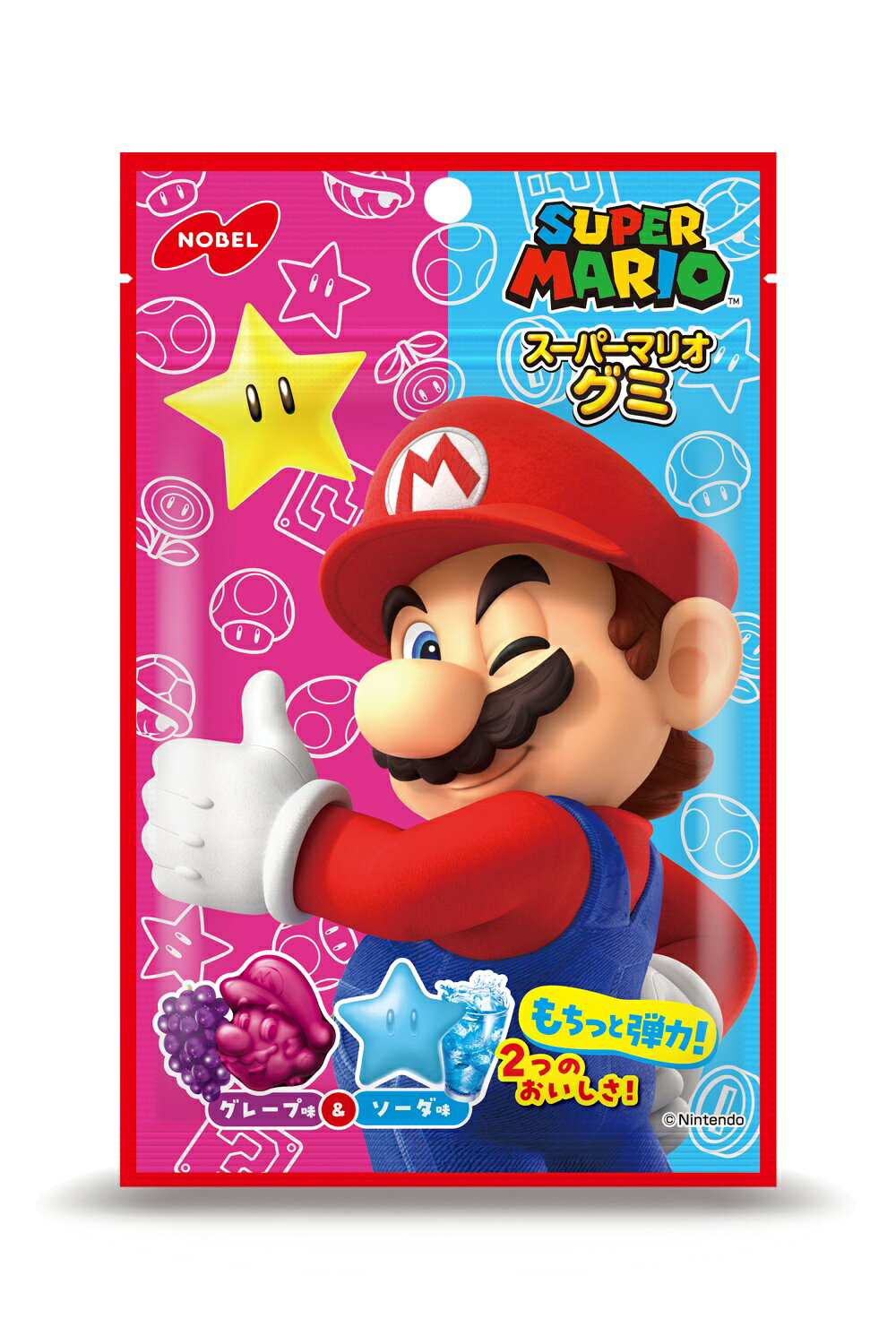 製品の特徴 ●グレープ味とソーダ味の2種類の味わいを、マリオやヨッシー、アイテムの形をしたグミで楽しめます。 ●もちっと弾力！マリオやスターなど、グミの形は全部で7種類あり、見ても食べても楽しい商品です。 ※パッケージデザイン等が予告なく変更される場合もあります。 ※商品廃番・メーカー欠品など諸事情によりお届けできない場合がございます。 販売元：ノーベル製菓株式会社 住所：〒544-0004大阪市生野区巽北4丁目10番2号 商品に関するお問い合わせ先 電話：0120-47-0141 受付時間／平日9:00〜17:00（土日祝除く） 広告文責：有限会社シンエイ 電話：077-544-5855