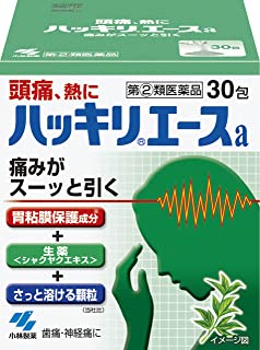 ●製品の特徴 ●生薬鎮痛成分（シャクヤクエキス）を配合した頭痛薬です ●非アスピリン製剤です ●胃粘膜保護成分を配合した胃にやさしい頭痛薬です ●眠くなる成分は配合していません ●早く溶けるさわやかな緑の顆粒です ●使用上の注意 ●してはいけないこと（守らないと現在の症状が悪化したり、副作用・事故が起こりやすくなる） 1．次の人は服用しないこと （1）本剤または本剤の成分によりアレルギー症状を起こしたことがある人 （2）本剤または他の解熱鎮痛薬、かぜ薬を服用してぜんそくを起こしたことがある人 2．本剤を服用している間は、次のいずれの医薬品も服用しないこと 他の解熱鎮痛薬、かぜ薬、鎮静薬 3．服用前後は飲酒をしないこと 4．長期連用しないこと ●相談すること 1．次の人は服用前に医師、歯科医師、薬剤師または登録販売者に相談すること （1）医師または歯科医師の治療を受けている人 （2）妊婦または妊娠していると思われる人 （3）水痘（水ぼうそう）もしくはインフルエンザにかかっているまたはその疑いのある乳・幼・小児（15才未満） （4）高齢者 （5）薬などによりアレルギー症状を起こしたことがある人 （6）次の診断を受けた人：心臓病、腎臓病、肝臓病、胃・十二指腸潰瘍 2．服用後、次の症状があらわれた場合は副作用の可能性があるので、直ちに服用を中止し、製品の添付文書を持って医師、薬剤師または登録販売者に相談すること 関係部位症状 皮ふ発疹・発赤、かゆみ 消化器吐き気・嘔吐、食欲不振 精神神経系めまい その他過度の体温低下 まれに下記の重篤な症状が起こることがある。その場合は直ちに医師の診療を受けること 症状の名称症状 ショック（アナフィラキシー）服用後すぐに、皮ふのかゆみ、じんましん、声のかすれ、くしゃみ、のどのかゆみ、息苦しさ、動悸、意識の混濁などがあらわれる 皮ふ粘膜眼症候群 （スティーブンス・ジョンソン症候群） 中毒性表皮壊死融解症 *急性汎発性発疹性膿疱症高熱、目の充血、目やに、唇のただれ、のどの痛み、皮ふの広範囲の発疹・発赤、*赤くなった皮ふ上に小さなブツブツ（小膿疱）が出る、全身がだるい、食欲がないなどが持続したり、急激に悪化する 肝機能障害発熱、かゆみ、発疹、黄だん（皮ふや白目が黄色くなる）、褐色尿、全身のだるさ、食欲不振などがあらわれる *腎障害*発熱、発疹、尿量の減少、全身のむくみ、全身のだるさ、関節痛（節々が痛む）、下痢などがあらわれる 間質性肺炎階段を上ったり、少し無理をしたりすると息切れがする・息苦しくなる、空せき、発熱などがみられ、これらが急にあらわれたり、持続したりする ぜんそく息をするときゼーゼー、ヒューヒューと鳴る、息苦しいなどがあらわれる 3．5〜6回服用しても症状がよくならない場合は服用を中止し、製品の添付文書を持って医師、歯科医師、薬剤師または登録販売者に相談すること ●効能・効果 頭痛・歯痛・抜歯後の疼痛・咽喉痛・耳痛・関節痛・神経痛・腰痛・筋肉痛・肩こり痛・打撲痛・骨折痛・ねんざ痛・月経痛（生理痛）・外傷痛の鎮痛 悪寒・発熱時の解熱 ●用法・用量 次の量を1日3回を限度とし、なるべく空腹時をさけて水またはお湯で服用し、服用間隔は4時間以上おいてください 年齢1回量1日服用回数 大人（15才以上）1包3回まで 11才以上15才未満2/3包 11才未満× 服用しないこと ●用法関連注意 （1）定められた用法・用量を厳守すること （2）小児に服用させる場合には、保護者の指導監督のもとに服用させること （3）11才未満の小児には服用させないこと ●成分分量 3包(2.352g)中 成分分量内訳 アセトアミノフェン690mg エテンザミド690mg カフェイン225mg シャクヤクエキス60mg（芍薬600mg） メタケイ酸アルミン酸マグネシウム450mg ●添加物 乳糖，ヒドロキシプロピルセルロース，l-メントール，精製カンゾウエキス末，銅クロロフィリンナトリウム，カルメロースカルシウム(CMC-Ca) ●保管及び取扱い上の注意 （1）直射日光の当たらない湿気の少ない涼しいところに保管すること （2）小児の手の届かないところに保管すること （3）他の容器に入れ替えないこと（誤用の原因になったり品質が変わる） （4）1包を分割して服用する場合、残った薬剤は袋の口を折り返して保管すること また、保管した残りの薬剤は、その日のうちに服用するか捨てること ●消費者相談窓口 会社名：小林製薬株式会社 問い合わせ先：お客様相談室 電話：0120-5884-01 受付時間：9：00〜17：00（土・日・祝日を除く） ●製造販売会社 小林製薬（株） 〒567-0057　大阪府茨木市豊川1-30-3 ●リスク区分等 第「2」類医薬品広告文責：有限会社シンエイ 電話：077-544-5855