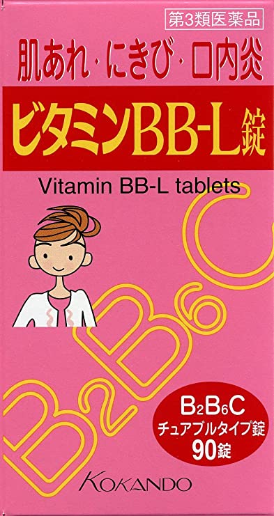 ●製品の特徴　 ストレス，病気，お酒の飲み過ぎ，妊娠・授乳期，あるいは脂肪分の多い食事をした時には，ビタミンB群が不足しがちです。 ビタミンB2が不足しますと，肌あれ，にきび等の皮膚疾患や口内炎等の症状が粘膜に現れやすくなります。 ビタミンB2は皮膚の皮脂腺の働きを調節します。 さらに，ビタミンB6はビタミンB2と働き合って皮膚の新陳代謝を活発にし，皮膚や粘膜の症状を正常化する働きがあります。 ビタミンBB-L錠「クニヒロ」は，持続型のビタミンB2酪酸エステルおよびビタミンB6を主成分として，さらにビタミンCを配合した，水なしでなめて服用できるチュアブル錠です。 ●使用上の注意 ■相談すること 1．服用後，次の症状があらわれた場合は副作用の可能性があるので，直ちに服用を中止し，この添付文書を持って医師，薬剤師または登録販売者に相談してください。 ［関係部位：症状］ 皮膚：発疹 消化器：吐き気・嘔吐，食欲不振，胃部不快感，胃部膨満感，腹部膨満感 2．服用後，次の症状があらわれることがあるので，このような症状の持続または増強が見られた場合には，服用を中止し，この添付文書を持って医師，薬剤師または登録販売者に相談してください。 　下痢 3．1ヵ月位服用しても症状がよくならない場合は服用を中止し，この添付文書を持って医師，薬剤師または登録販売者に相談してください。 ●効能・効果 次の諸症状※の緩和：口角炎，口唇炎，口内炎，舌炎，湿疹，皮膚炎，かぶれ，ただれ，にきび，肌あれ。 次の場合のビタミンB2B6の補給：肉体疲労時，妊娠・授乳期，病中病後の体力低下時 ●効能関連注意 ただし，これらの症状※について，1ヵ月ほど使用しても改善がみられない場合は，医師または薬剤師に相談してください。 ●用法・用量 次の1回量を食後に口の中で溶かすか，またはかみくだいて服用してください。ただし，1日2回服用する場合は朝夕，1日3回服用する場合は朝昼晩服用してください。 ［年齢：1回量：1日服用回数］ 成人（15歳以上）：2錠：1〜3回 11歳以上15歳未満：2錠：1〜2回 7歳以上11歳未満：1錠：1〜3回 3歳以上7歳未満：1錠：1〜2回 3歳未満の乳幼児：服用しないこと ●用法関連注意 （1）定められた用法・用量を厳守してください。 （2）小児に服用させる場合には，保護者の指導監督のもとに服用させてください。 （3）3歳以上の幼児に服用させる場合には，薬剤がのどにつかえることのないようよく注意してください。 [成分に関連する注意] 本剤の服用により尿が黄色くなることがありますが、ビタミンB2酪酸エステル（リボフラビン酪酸エステル）によるものですので心配ありません。 ●成分分量6錠中 成分分量 リボフラビン酪酸エステル20mg ピリドキシン塩酸塩100mg アスコルビン酸500mg 添加物 トウモロコシデンプン，白糖，ブドウ糖，ショ糖脂肪酸エステル，黄色5号 ●保管及び取扱い上の注意 （1）直射日光の当たらない湿気の少ない涼しい所に密栓して保管してください。 （2）小児の手の届かない所に保管してください。 （3）誤用をさけ，品質を保持するために他の容器に入れかえないでください。 （4）ビンの中の詰め物は，輸送中の錠剤の破損を防止するために入れてありますので，フタをあけた後はすててください。 （5）箱およびビンの「開封年月日」記入欄に，開封した日付を記入し，ビンをこの文書とともに箱に入れたまま保管してください。 （6）一度開封した後は，品質保持の点から6ヵ月以内に服用してください。なお使用期限を過ぎた製品は服用しないでください。 消費者相談窓口会社名：皇漢堂製薬株式会社 問い合わせ先：お客様相談窓口 電話：フリーダイヤル　0120-023520 受付時間：平日9：00〜17：00（土，日，祝日を除く） 製造販売会社皇漢堂製薬（株） 会社名：皇漢堂製薬株式会社 住所：兵庫県尼崎市長洲本通2丁目8番27号 剤形錠剤 リスク区分 第3類医薬品広告文責：有限会社シンエイ 電話：077-544-5855