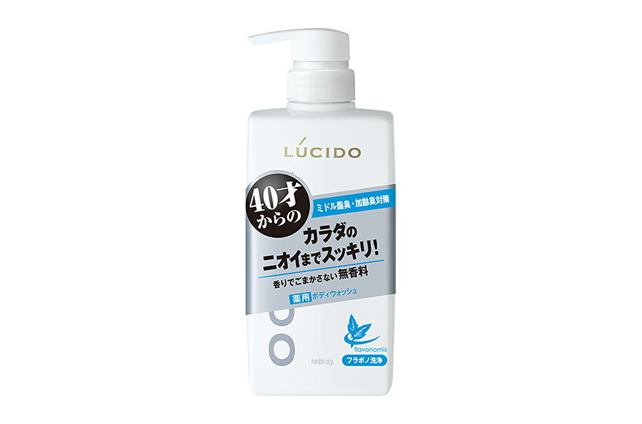【商品特徴】 香りでごまかさない、40才からのミドル脂臭・加齢臭対策 ニオイのない清潔感ある健康的な肌へ導く、フラボノ洗浄 ●洗浄 高い洗浄力で、ニオイの元となる汗やベタつく皮脂までしっかり洗い落とす。 ●防臭 緑茶エキスが加齢臭や体臭・汗臭を吸着。 殺菌成分がニオイ菌を殺菌し、ニオイの発生も防ぐ。 ●肌ケア ヌルつかず、サッパリとした洗い上がり。 乾燥しがちな肌を、みずみずしい清潔肌に整える。 ●植物フラボノミックス※配合（保湿）。 ●無香料・無着色。 ◆ミドル脂臭とは◆ 30〜40代男性特有のアブラ臭い汗のニオイで、後頭部や首筋から発生しやすいため、枕のニオイの原因にもなります。 50代から本格化する加齢臭とは異なります。 ※カンゾウ抽出末、桂皮エキス 【ご注意】 ※パッケージデザイン等が予告なく変更される場合もあります。 ※商品廃番・メーカー欠品など諸事情によりお届けできない場合がございます。 製造、販売元：株式会社マンダム 商品に関するお問い合わせ先 電話：0120-37-3337 受付時間／平日10:00〜16:00 （土日祝除く）広告文責：有限会社シンエイ 電話：077-544-5855