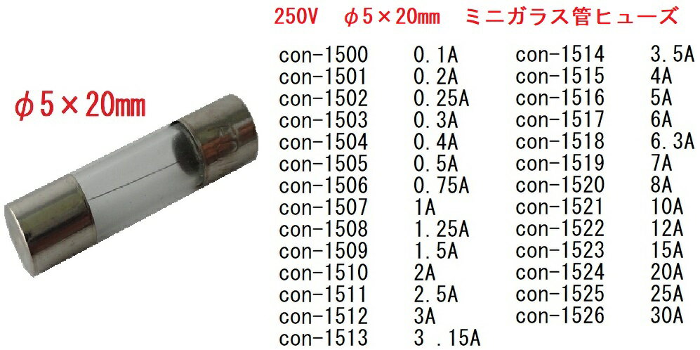 250V　0.1A　φ6×30mmガラス管ヒューズ　アンペアは選択　5個入　＜con-1530a＞