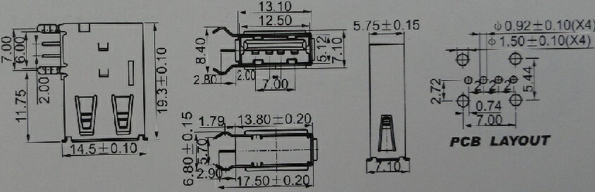 USBコネクタ　Aタイプ　メス　基板に対して縦挿し（白ベロ）2個入＜con-574＞