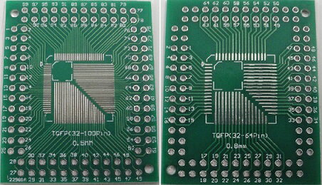 変換基板通販・販売　表面　TQFP32~100　0.5mm、裏面　TQFP32~64　0.8mm　1枚入　＜pcb-125＞