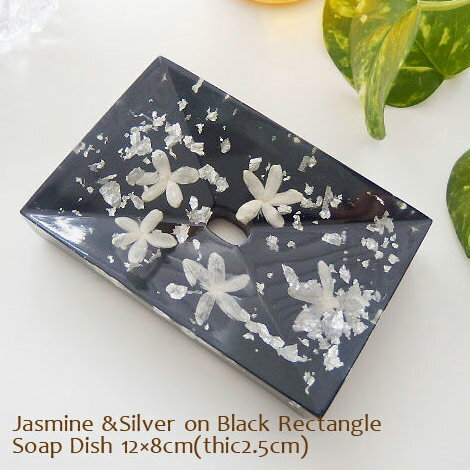 (定形外郵便対応)ソープディッシュ Jasmine &Silver on Black Rectangle アクリル石鹸置き スタイリッシュ Heavenlyjew《在庫品》