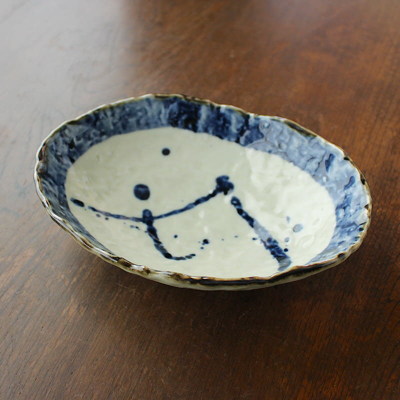 【アウトレット】紺青しぶき 楕円鉢　[ 21cm×15cm×h5.2cm ] / 足付き煮物鉢 向付 盛鉢 オーバルボウル ..