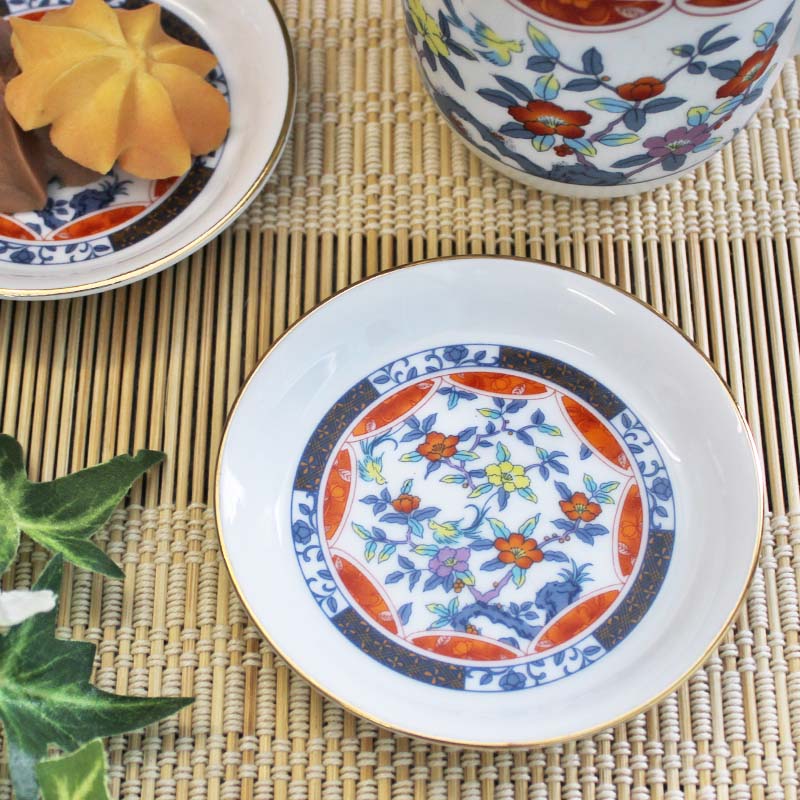 【アウトレット】京友禅 花鳥画 金線小皿 9.6cm / 和風 和食器 漬物皿 珍味 お茶請け タレ皿 醤油皿 和菓子 豆皿 業務用食器 天王窯 オリエンタル 錦絵