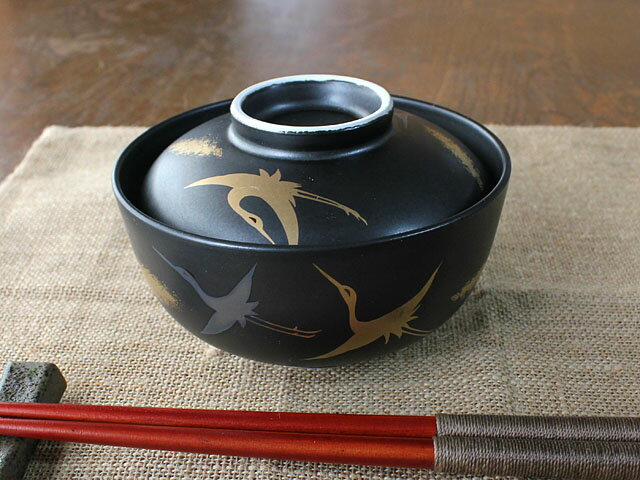 黒マット白鶴円菓子碗