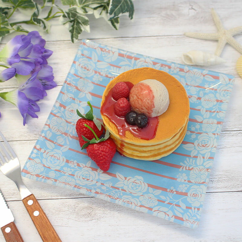 【アウトレット】ローズアート スクエア 19.5cm プレート / 食器 ガラスプレート ガラス皿 レトロ 正角皿 スクエアプレート ケーキ皿 ハワイアン