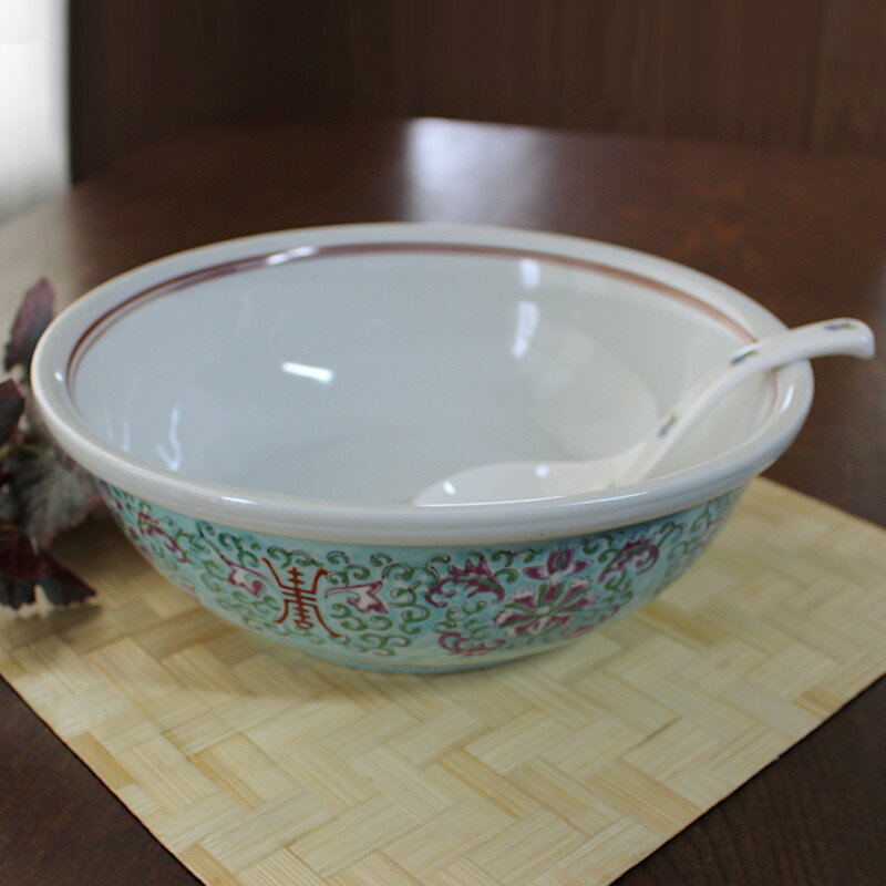 【アウトレット】緑彩ダミ唐草 24.5cm 玉丼 / 中華風 中華風食器 アジアン食器 グリーン 手塗り 9 1/2..