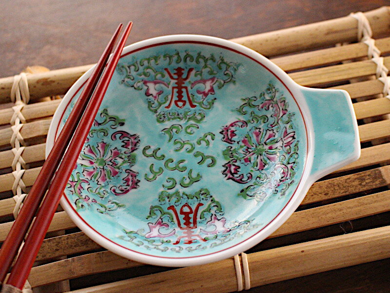 【アウトレット】緑彩ダミ唐草 手付き小皿 / 中華風 中華風食器 アジアン食器 グリーン 手塗り 小皿 受け皿 たれ皿 手つき皿