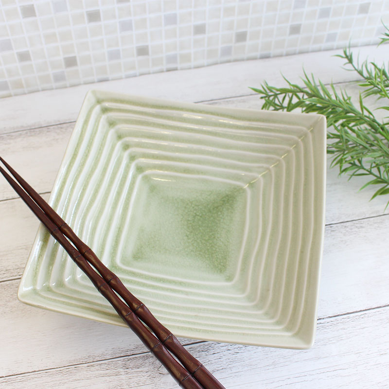 【アウトレット】貫入ストライプ 角盛鉢 19.3×19.3×H4.9cm / 中鉢 角鉢 向付 和食器 緑釉 盛り鉢 煮物鉢 刺身鉢