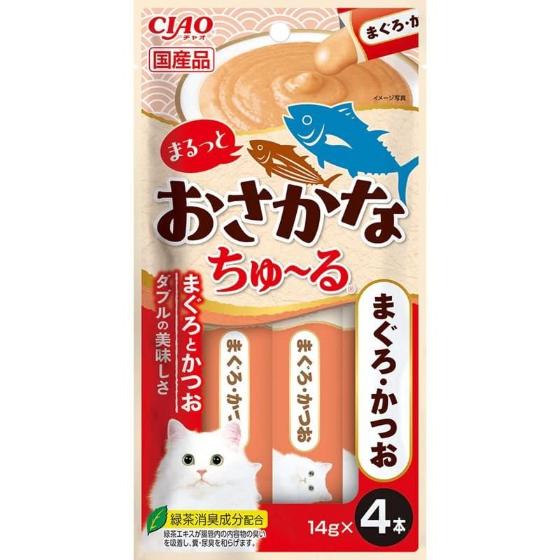 とろ〜り食べやすい液状おやつ！・まぐろとかつおをダブルで楽しめるお魚の旨味がたっぷりのちゅ〜るです。・お魚が好きな猫ちゃん大満足の美味しさです。・緑茶消臭成分配合！緑茶エキスが腸管内の内容物の臭いを吸着し、糞尿臭を和らげます。とろ〜り食べやすい液状おやつ！・まぐろとかつおをダブルで楽しめるお魚の旨味がたっぷりのちゅ〜るです。・お魚が好きな猫ちゃん大満足の美味しさです。・緑茶消臭成分配合！緑茶エキスが腸管内の内容物の臭いを吸着し、糞尿臭を和らげます。