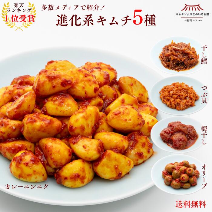 【TV紹介】進化系キムチ5種セット (カレーにんにく・つぶ貝・干し鱈・オリーブ・梅干し) 発酵食品 無添加 自然発酵 本場韓国 おつまみ ご飯のお供 ご褒美キムチ 海鮮キムチ 第一物産 ご馳走キムチ 贅沢キムチ サランチェ 送料無料 ニンニク おかず