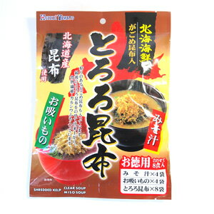 品　名 即席お吸いもの・みそ汁 内容量 お吸いもの小袋/11.2g（2.8g×4袋）、みそ汁小袋/26.8g（6.7g×4袋）、とろろ昆布小袋/12.0g（1.5g×8袋） 原材料 【お吸いもの】とろろ昆布（昆布、醸造酢）、食塩、砂糖、粉末しょうゆ、かつお粉末、うきみ（ねぎ）、さば節粉末、昆布粉末、がごめ昆布粉末、調味料（アミノ酸等）、（原材料の一部に小麦、大豆、さばを含む） 【みそ汁】粉末みそ（白みそ）、とろろ昆布（昆布、醸造酢）澱粉、かつお粉末、粉あめ、粉末しょうゆ、うきみ（ねぎ）、砂糖、ぶどう糖、昆布粉末、がごめ昆布粉末、調味料（アミノ酸等）、加工澱粉、（原材料の一部に小麦、大豆を含む） 製造者 株式会社北海大和北海道札幌市東区北10条東16丁目1番17号 保存方法 直射日光、高温多湿を避け保存して下さい 賞味期限 枠外下部に記載 同　梱 同梱可【常温】 同梱可【冷蔵】 配達日指定 指定可 配送方法 常温便　