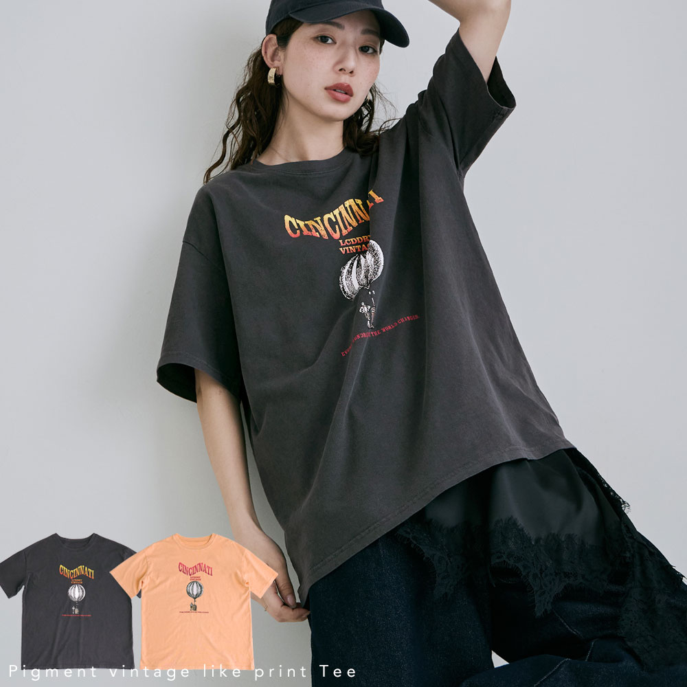 Rakuten - ピグメントヴィンテージ加工プリントTシャツ トップス Tシャツ 半袖 ロゴT プリント プリントT 綿100 綿 コットンT クルーネック 丸首T プルオーバー オーバーサイズ コットン ビッグシルエット ゆったり 古着風 ビンテージ風 バンT バンドTシャツ風