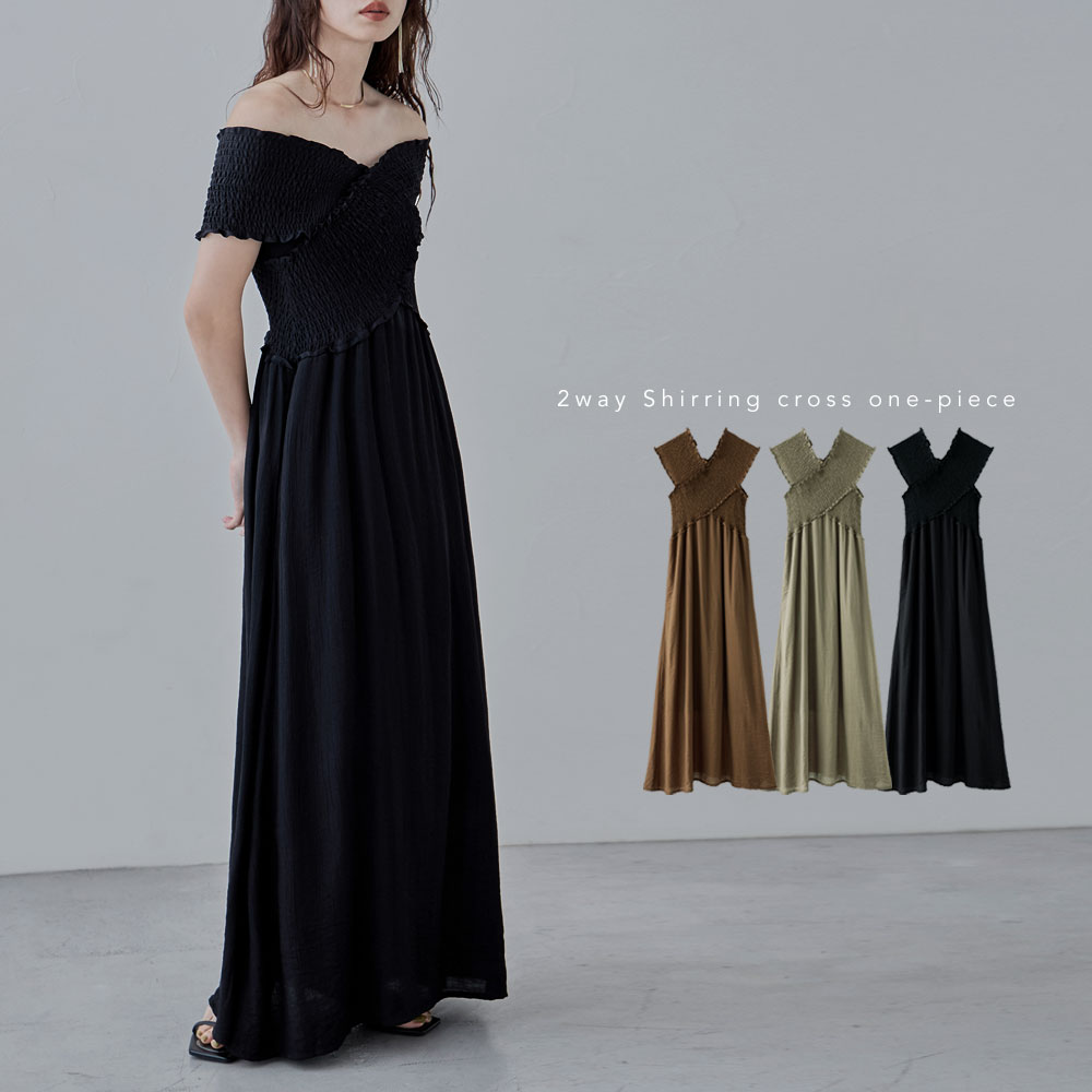 2wayシャーリングクロスワンピース ワンピ ワンピース オフショルダー 半袖 ロング ロングワンピース ギャザー マキシ丈 薄手 楊柳 ゆったり 大きいサイズ ノースリーブ 2wayのサムネイル