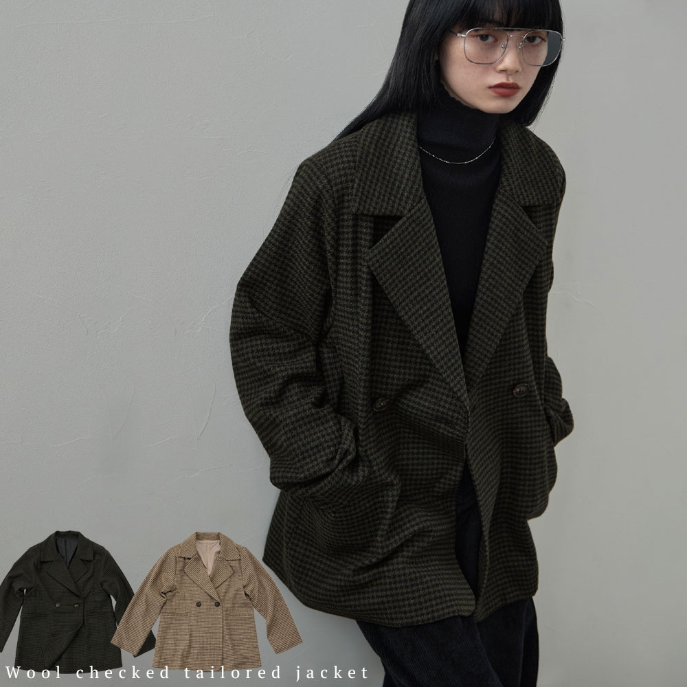ウールチェックテーラードジャケット アウター ジャケット ブレザー 長袖 テーラード チェック柄 ウール混 ダブル ダッドジャケット ゆったり ビッグシルエット レディースのサムネイル