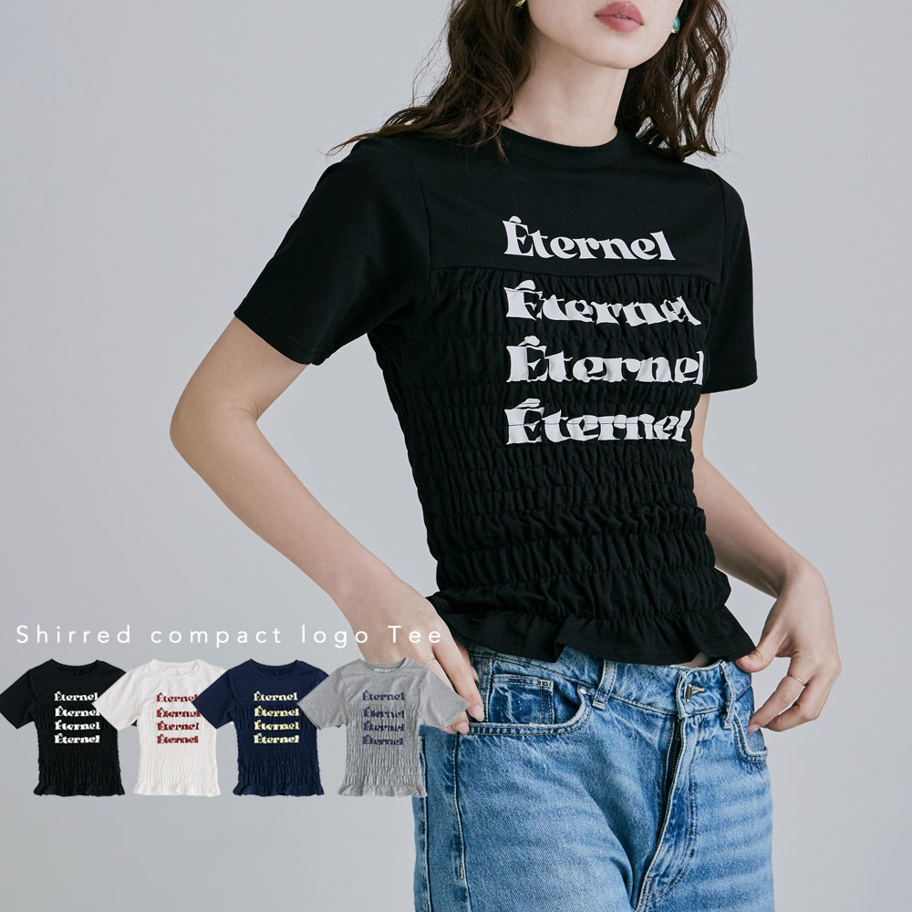 Rakuten - シャーリングコンパクトロゴTシャツ トップス Tシャツ 半袖 ロゴT プリントT 綿混 シャーリング クルーネック 丸首 プルオーバー コンパクト ペプラム
